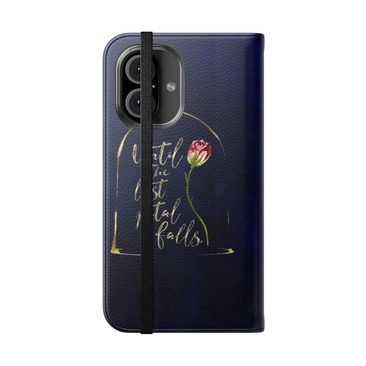 Flip cover phone case featuring a watercolor illustration of an enchanted rose with a fairy tale-inspired quote - Folded Front