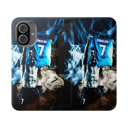 Cristiano Ronaldo inspired flip cover phone case with football/soccer graphics