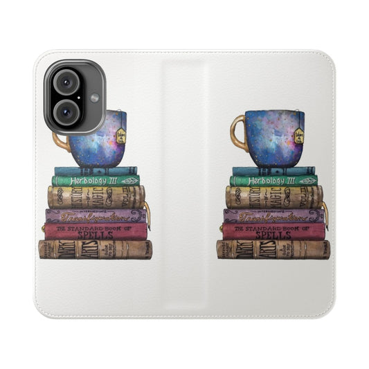 Studious flip cover phone case with books, spellbooks, and wizarding elements