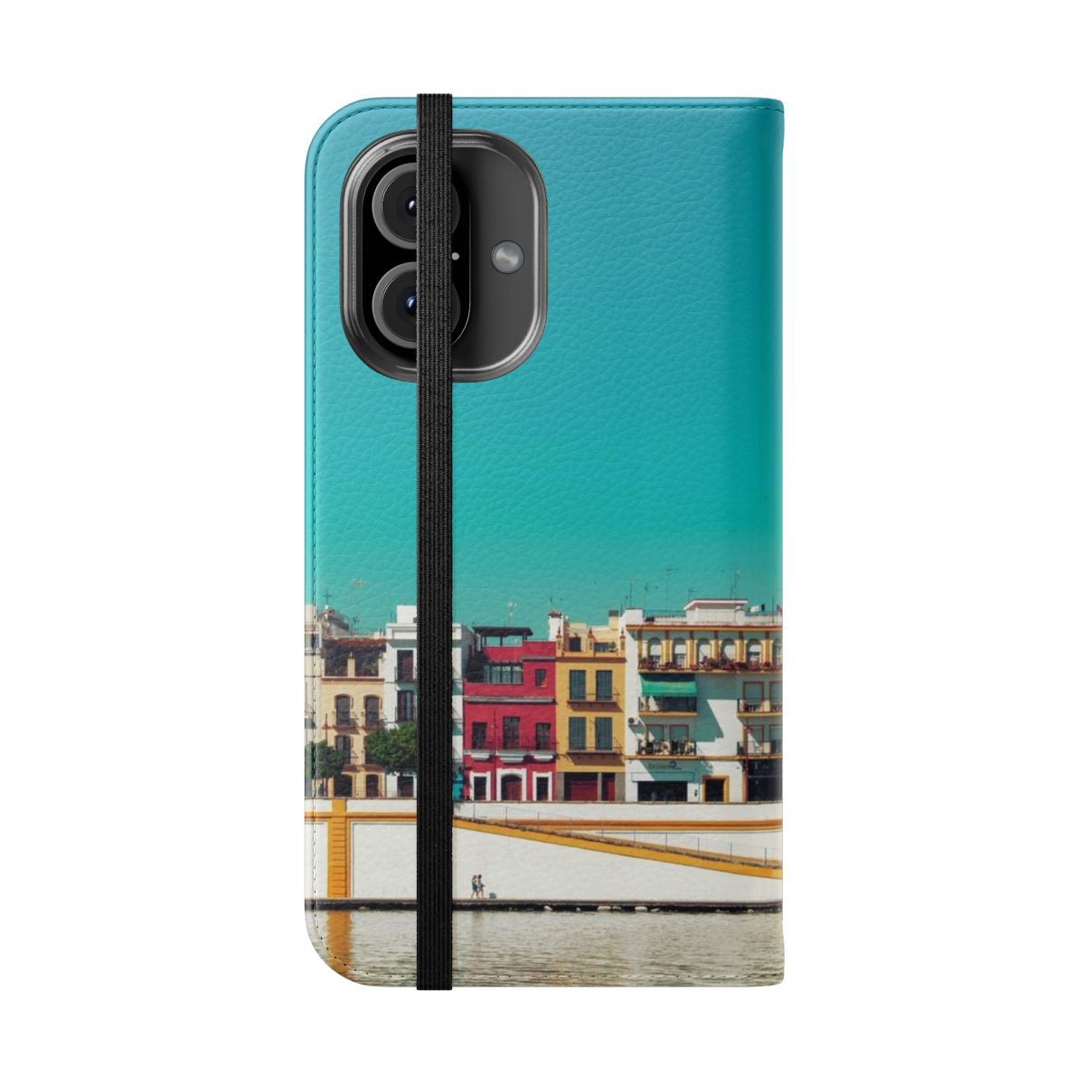 Triana skyline phone case with flip cover design featuring a cityscape landscape - Folded Front