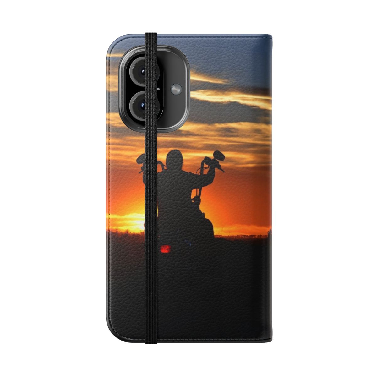 Sunset Rider Flip Cover Phone Case with Motorcycle Silhouette - Folded Front