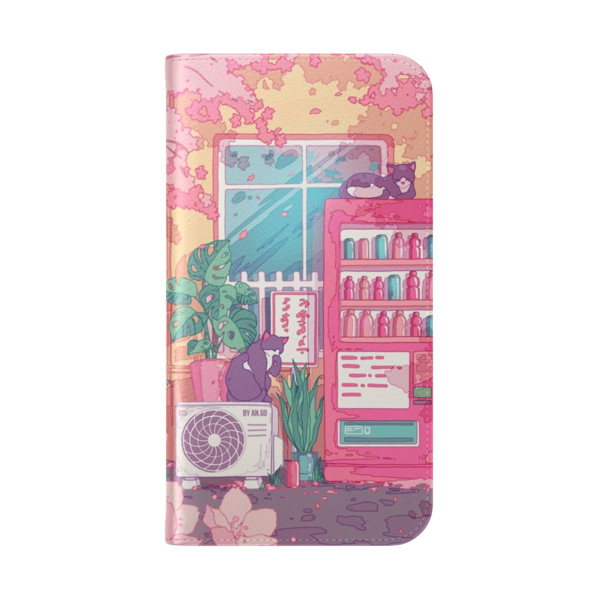 Flip cover phone case featuring a pink cherry blossom design and cute cats - Folded Back