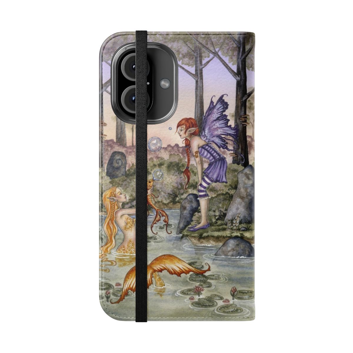 A whimsical phone case featuring a mermaid, goldfish, and underwater fantasy art design. - Folded Front