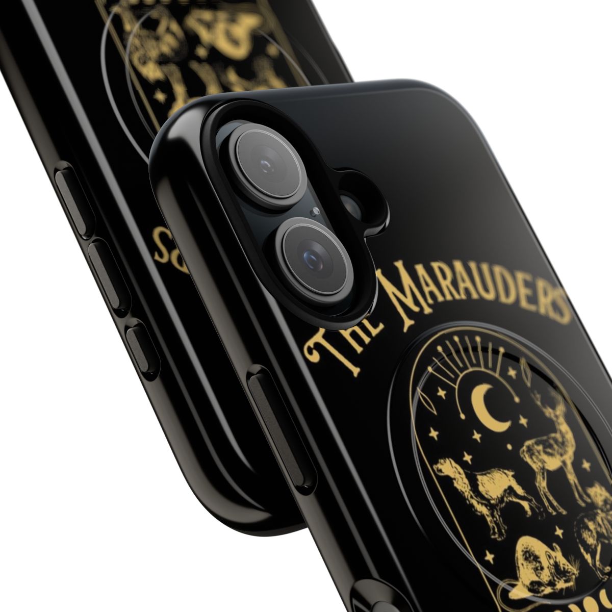 A magnetic phone case featuring the Marauders logo and "Mischief Managed" text from the Harry Potter series. - Detail