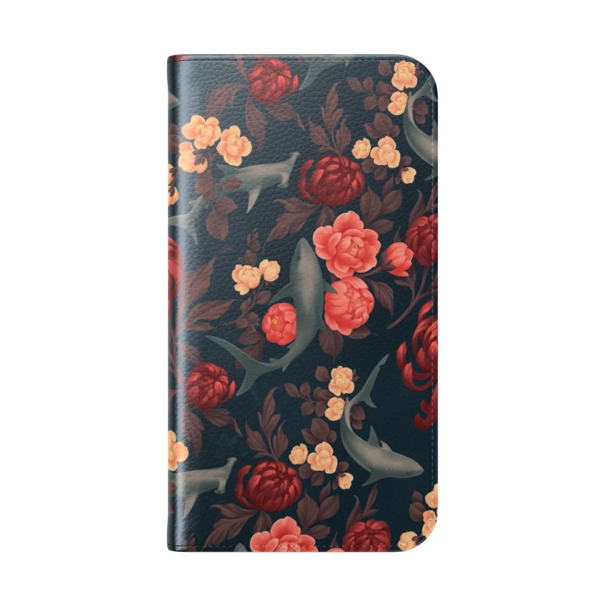 Botanical shark-patterned flip phone case with floral and vintage elements - Folded Back