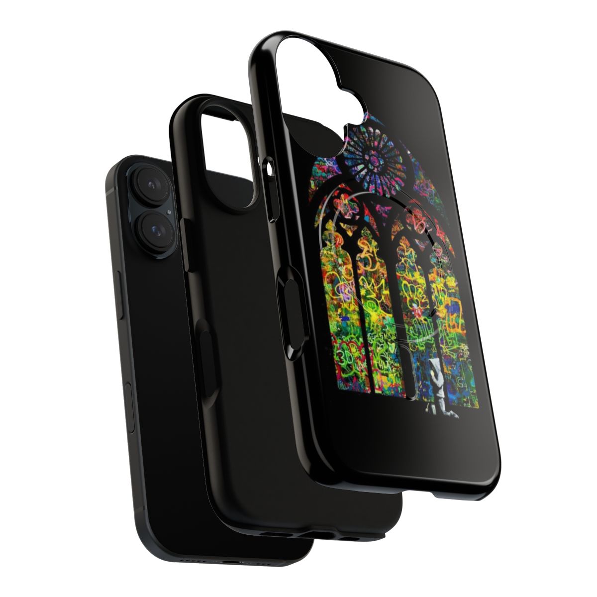 Colorful Banksy-inspired church window design on a durable magnetic phone case - Layers