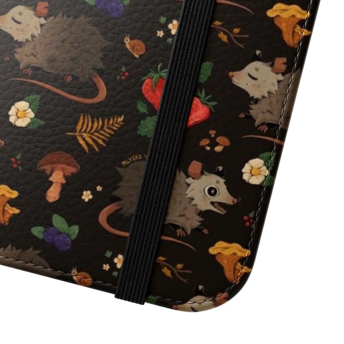 Flip phone case with a whimsical pattern featuring possums, mushrooms, and other forest creatures. - Close Up