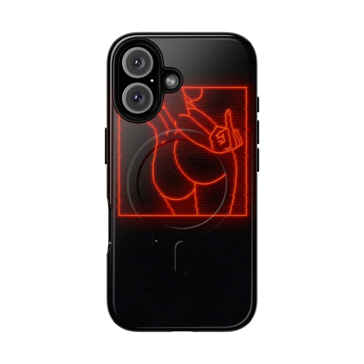 Magnetic tough phone case with an artistic portrait of a woman making a middle finger gesture