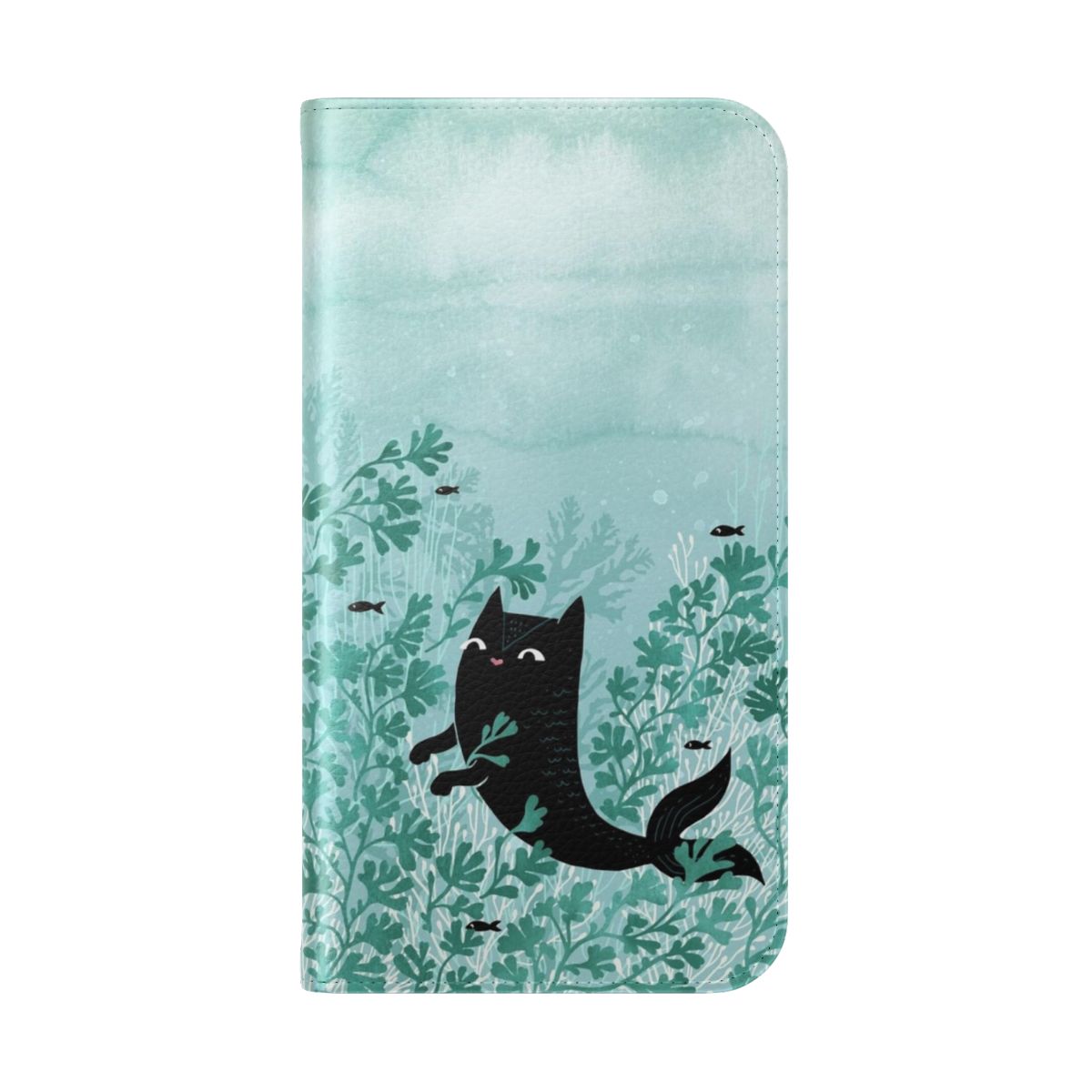 Watercolor illustration of a mercat (part cat, part mermaid) swimming in the ocean on a phone case cover. - Folded Back