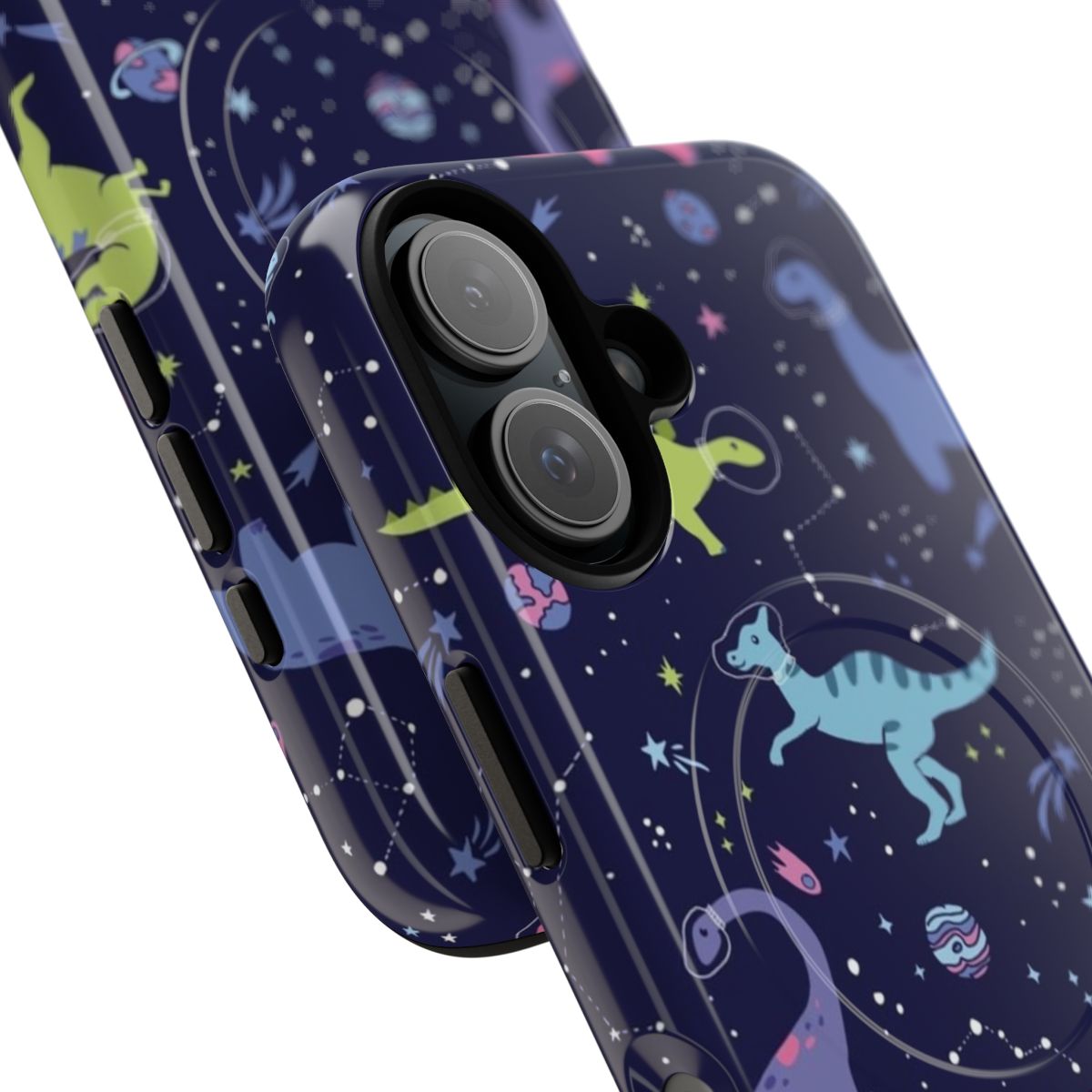 A vibrant phone case featuring space-themed dinosaurs against a starry night sky. - Detail