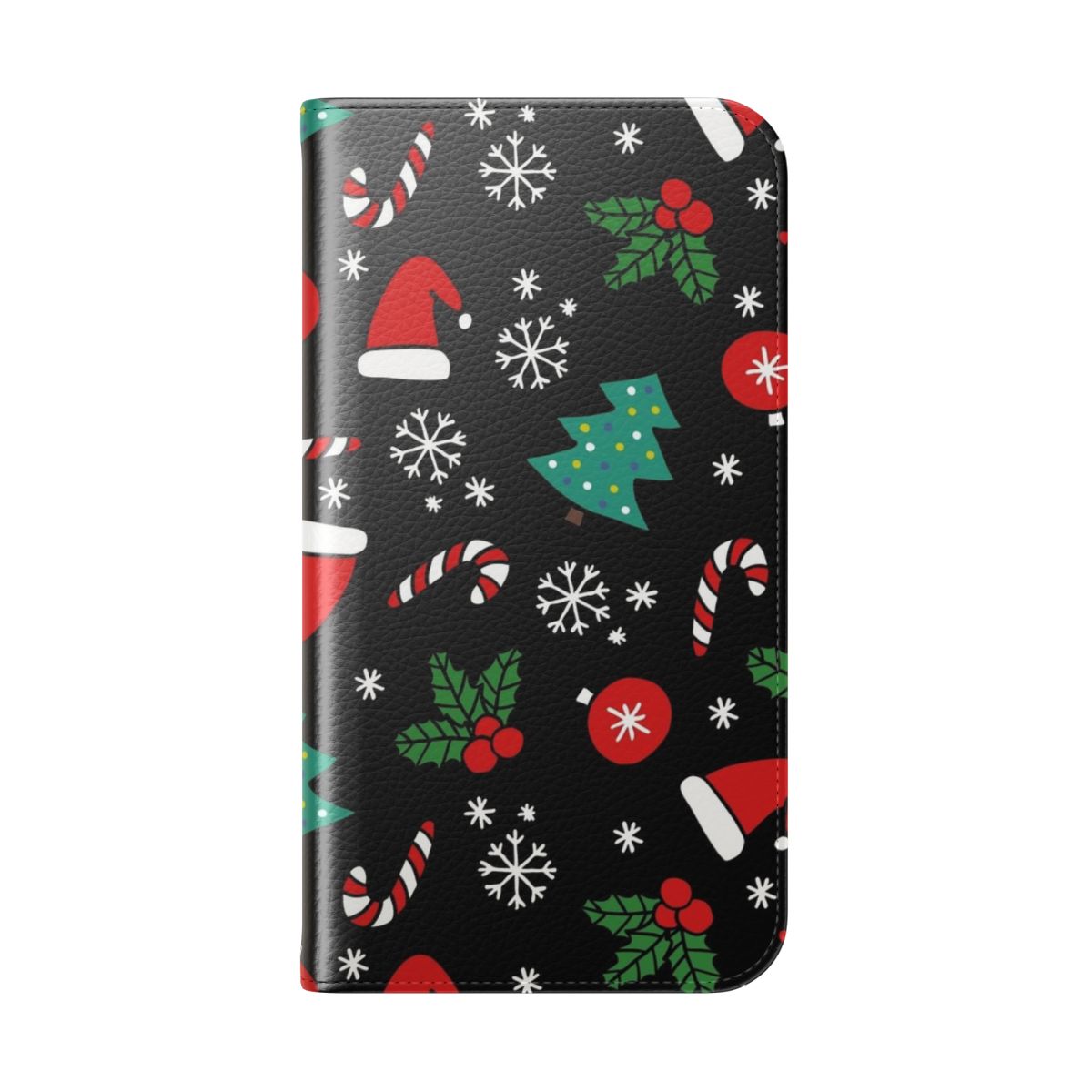 Christmas-themed phone case with floral patterns, snowflakes, and holiday elements - Folded Back