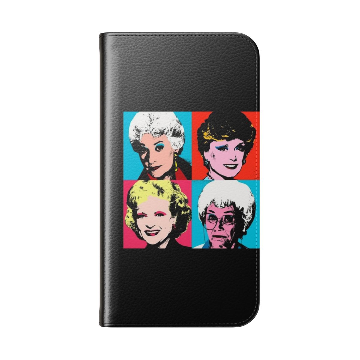 Golden-themed phone case featuring pop art-style portraits of the Golden Girls characters - Folded Back