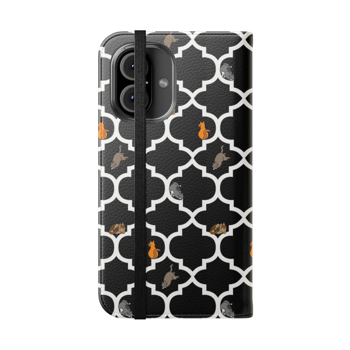 Black and white lattice pattern phone case with cute cats - Folded Front