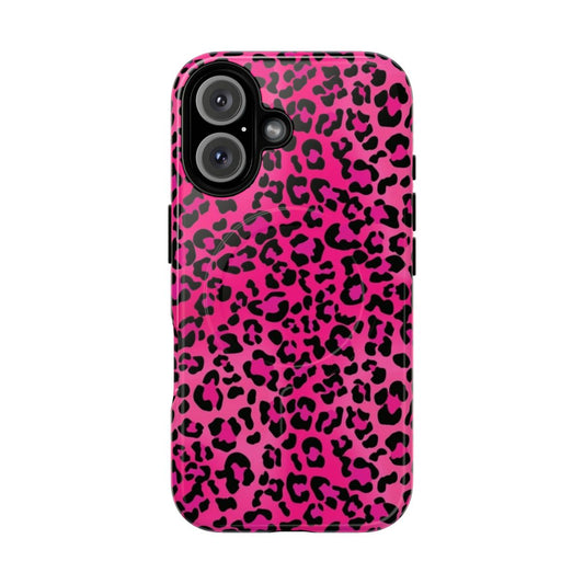 Vibrant pink leopard print phone case with magnetic closure and durable construction