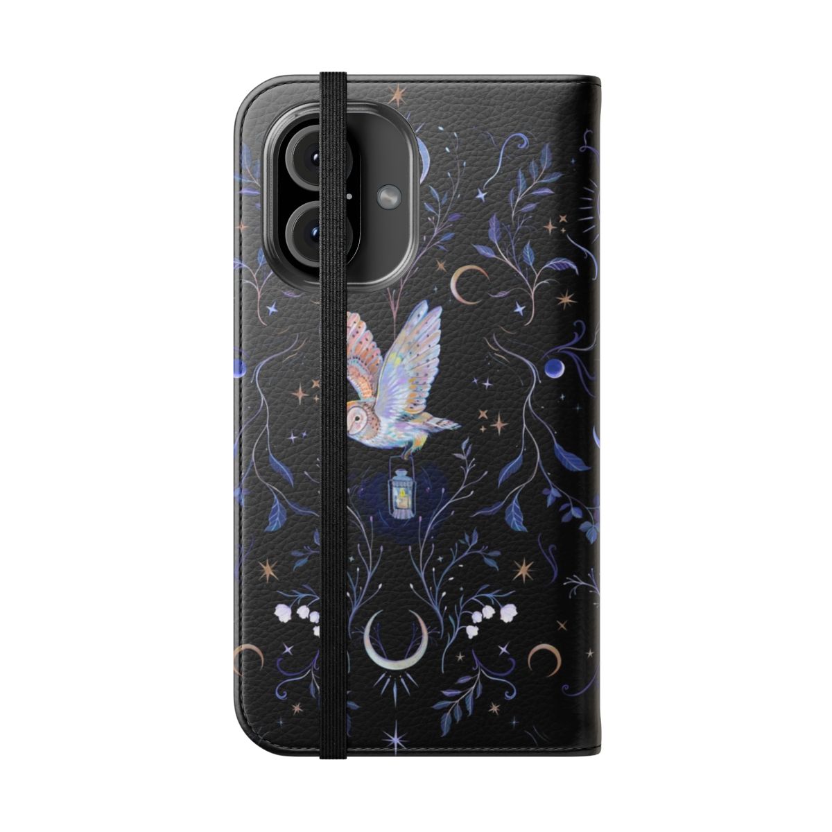 Whimsical phone case featuring a full moon, owl, and botanical elements - Folded Front