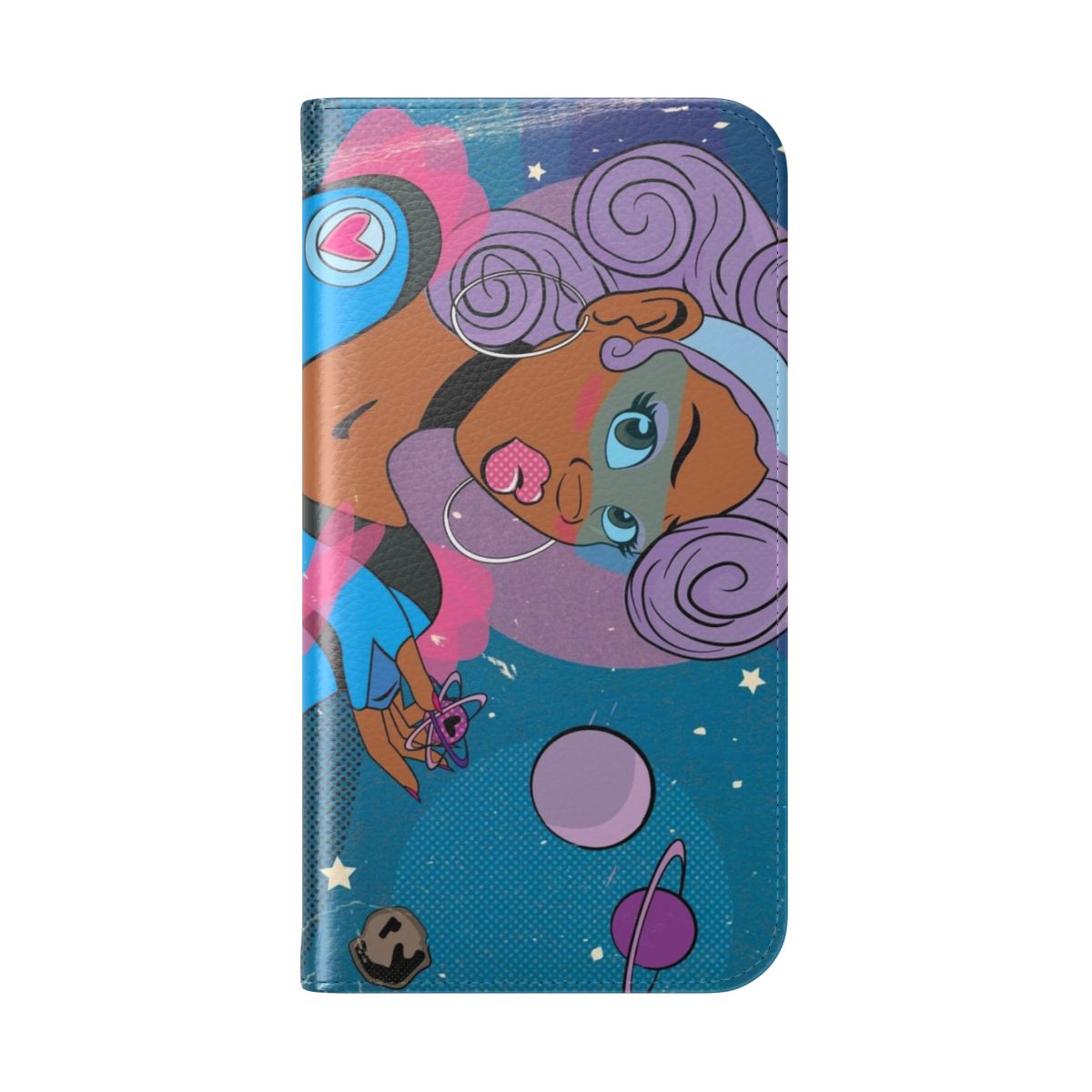 Stylish black girl galaxy-themed phone case with purple hair, moon, and astronaut design - Folded Back