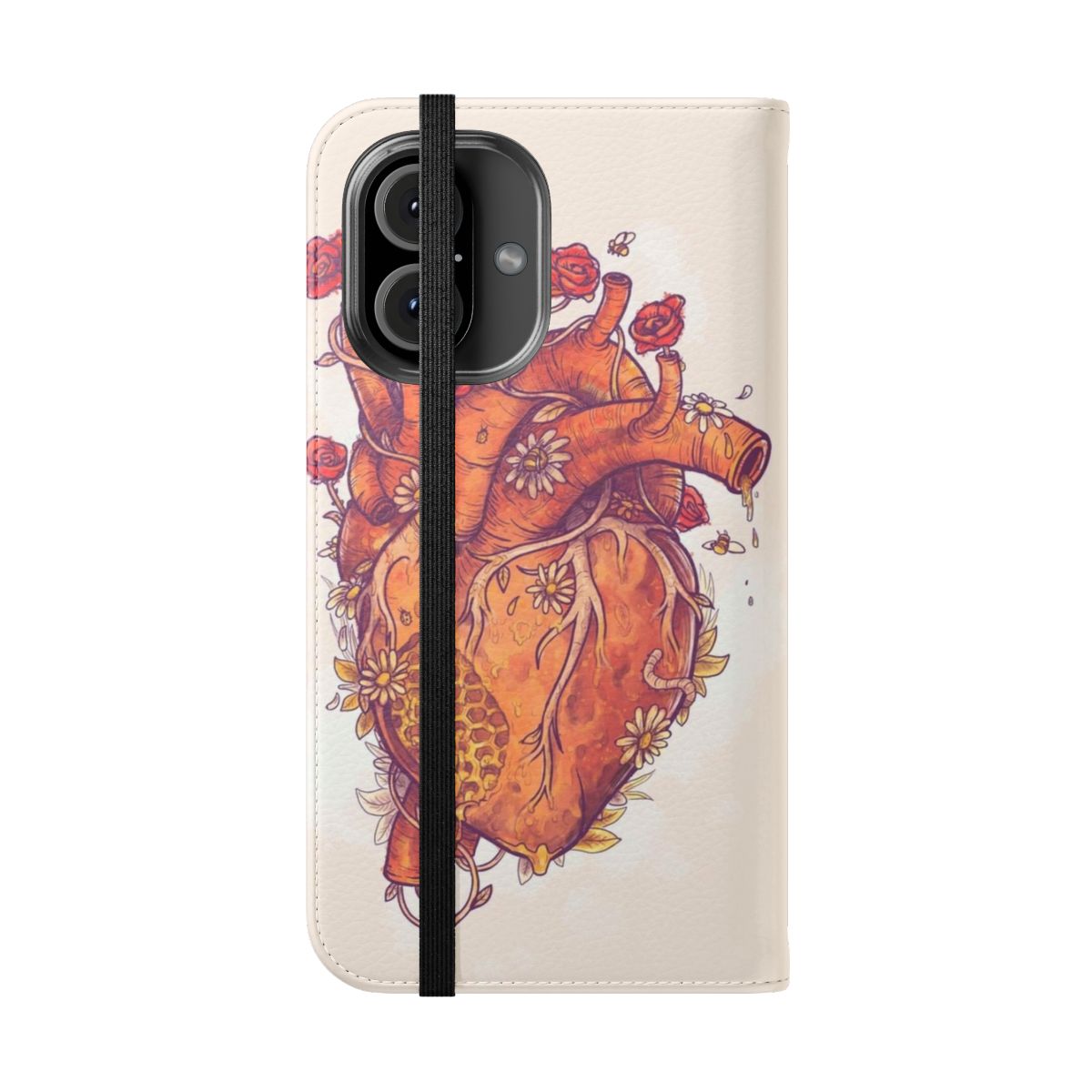 A heart-shaped phone case adorned with delicate floral designs and a touch of whimsy. - Folded Front