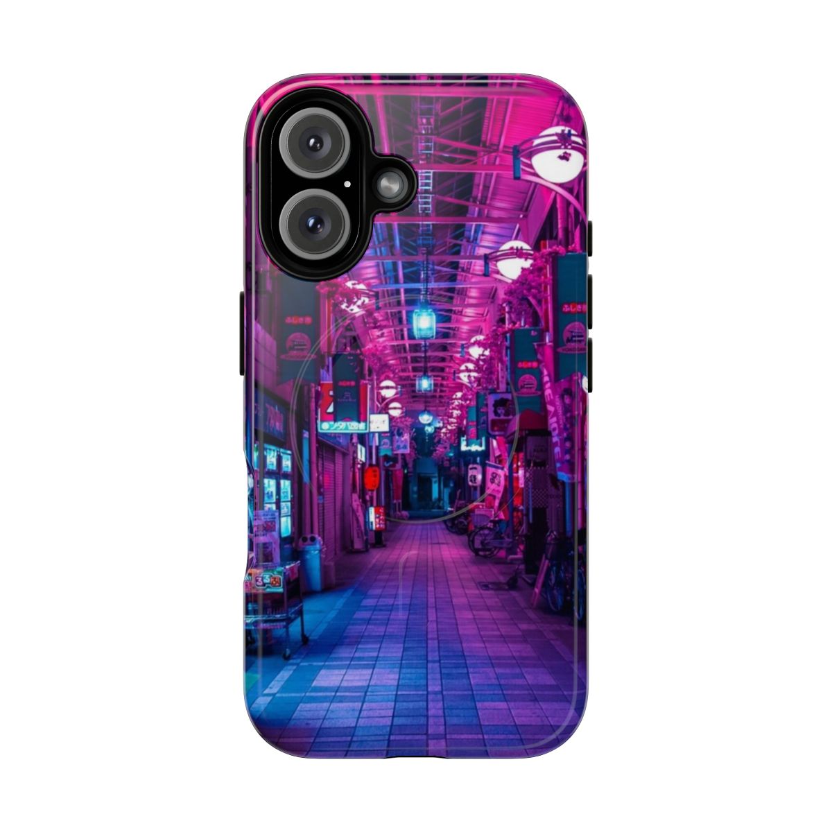 Vibrant phone case featuring a futuristic, neon-lit alley in a cosmic, dreamscape setting.