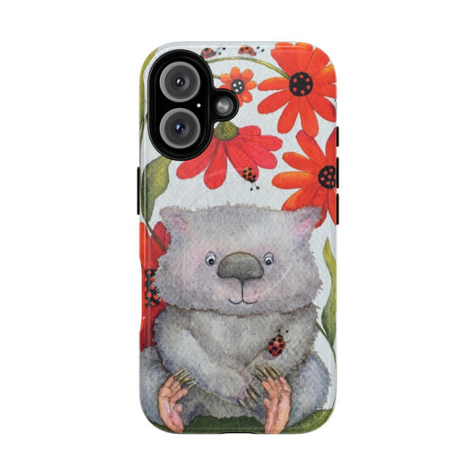 Whimsical flowery magnetic phone case with cute lady bugs and wombats in a watercolor garden design