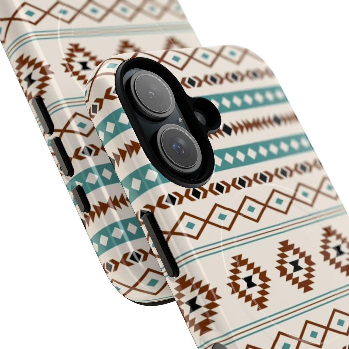 Mixed pattern teal, terracotta, black, and cream phone case with a bohemian, tribal design - Detail