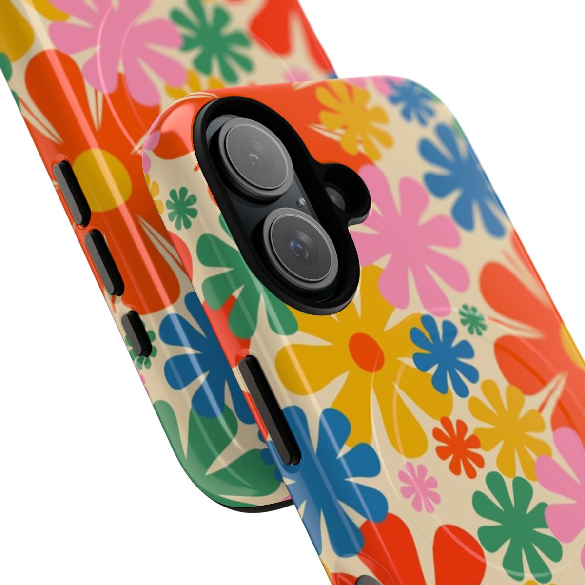 Retro floral pattern phone case in vibrant rainbow colors with a 60s 70s aesthetic - Detail