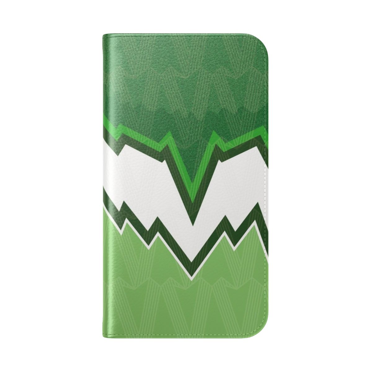 Retro-style flip cover phone case featuring a geometric, abstract Celtic FC-inspired pattern in green. - Folded Back