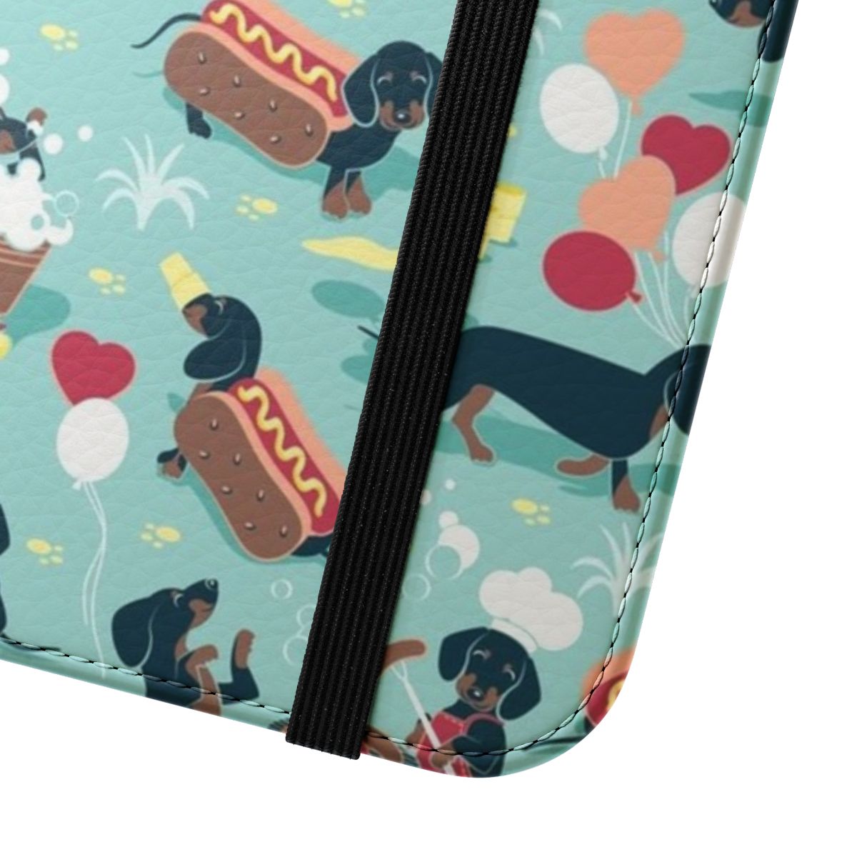 Flip cover phone case with an aqua green background featuring a navy and brown dachshund pattern design - Close Up