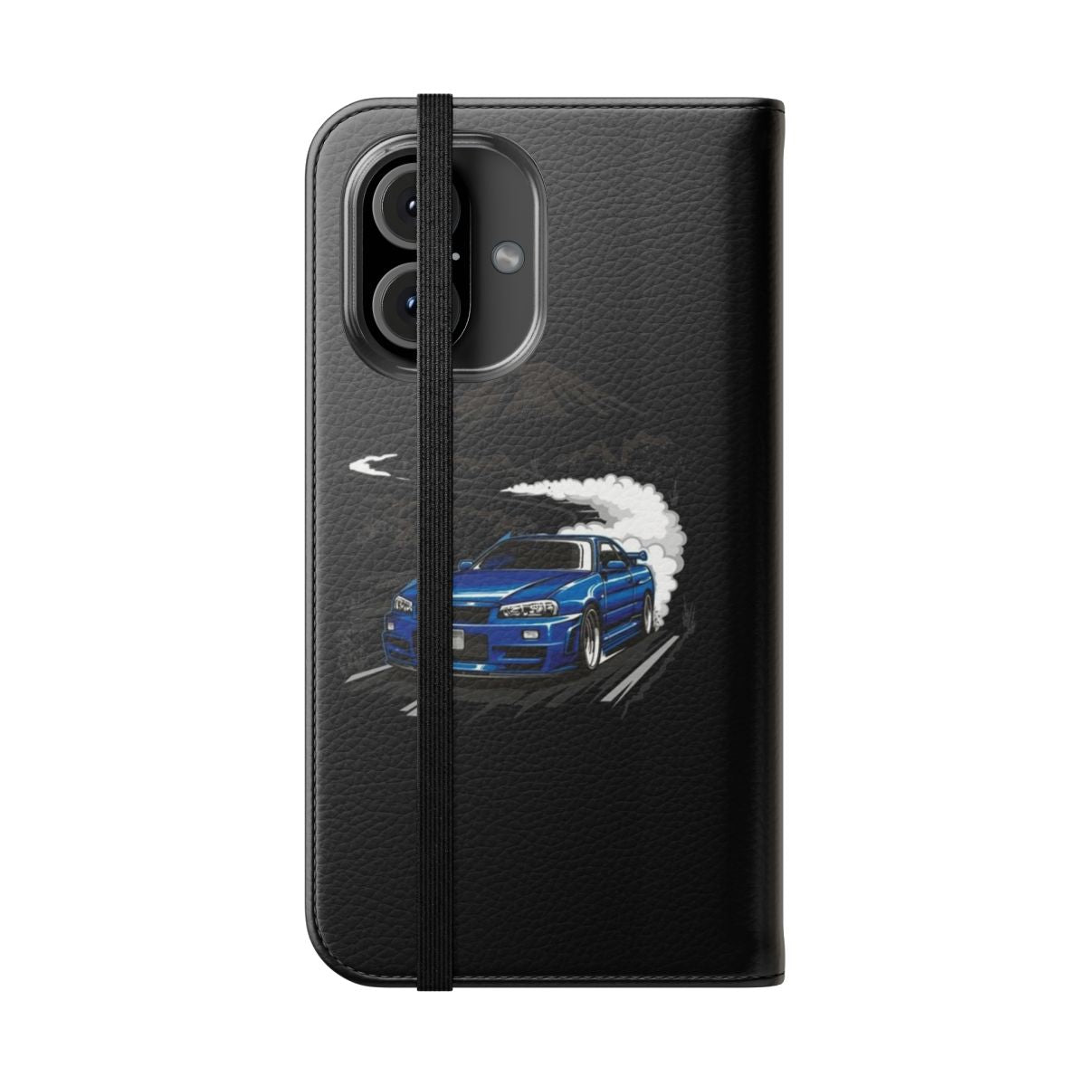 Blue Nissan Skyline R34 inspired flip cover phone case - Folded Front