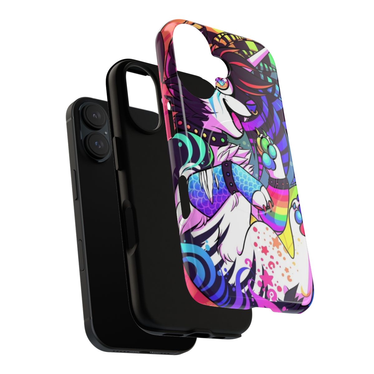 Colorful sparkly magnetic tough phone case with images of shiba inu, wolf, and rainbow - Layers