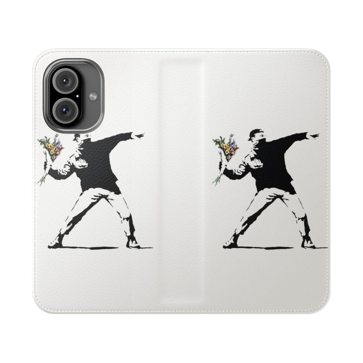 Artistic phone case cover featuring a stenciled flower man design in street art style