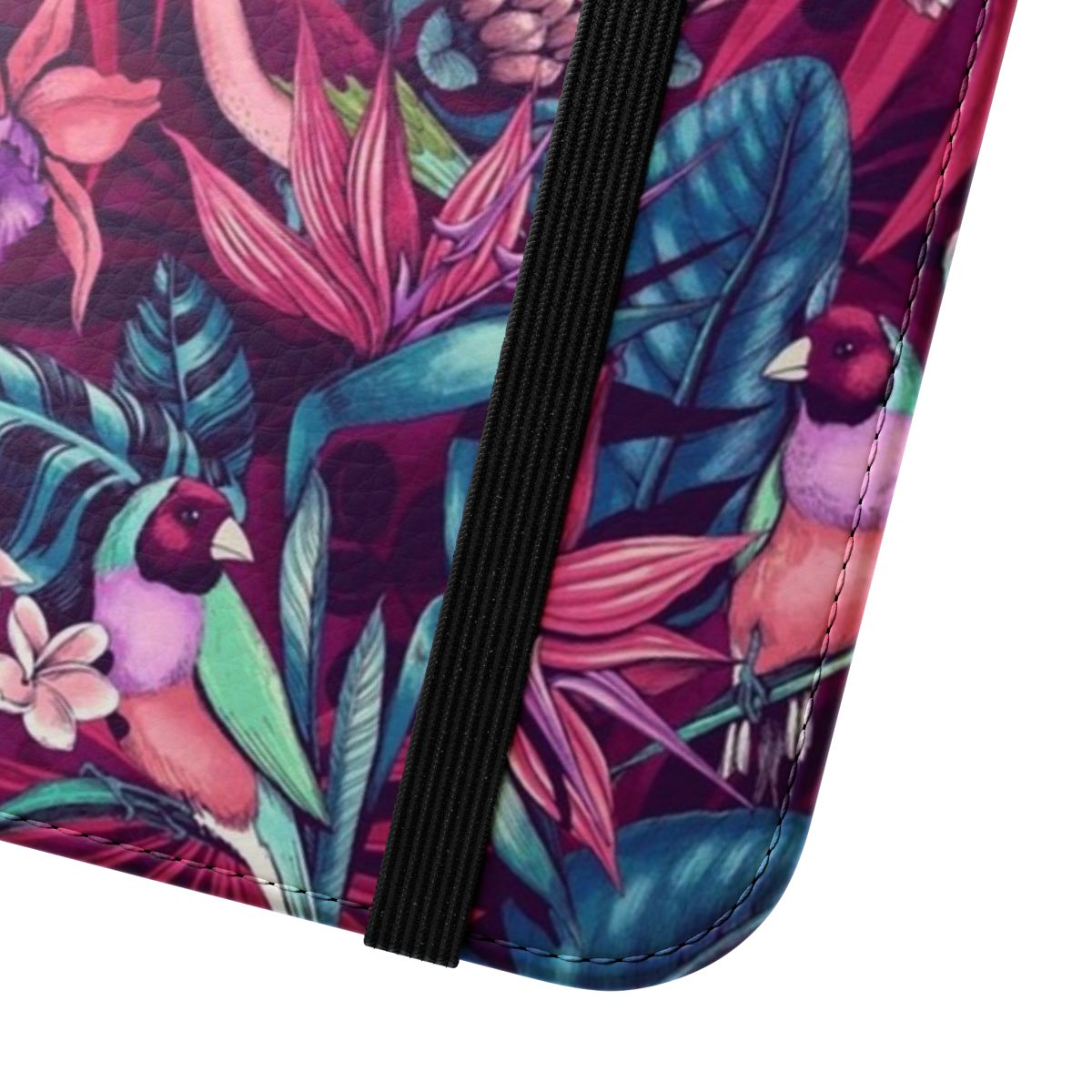 Colorful tropical bird and floral print phone case with flip stand cover - Close Up