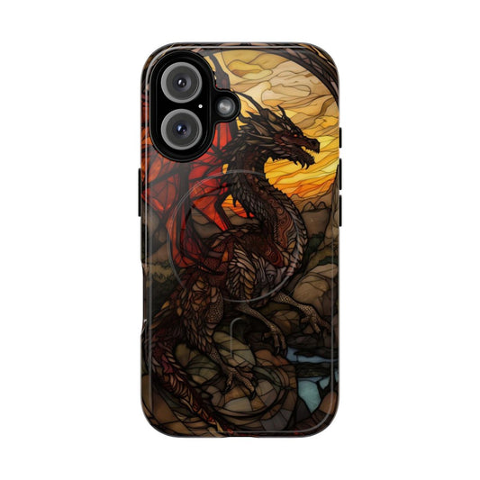 Closeup of a tough phone case featuring a detailed dragon design in stained glass style