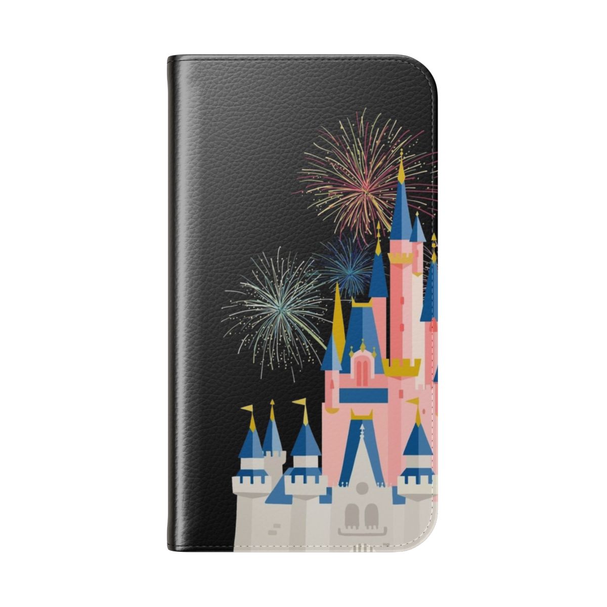 A black phone case featuring a fairytale castle design, perfect for Disney fans. - Folded Back