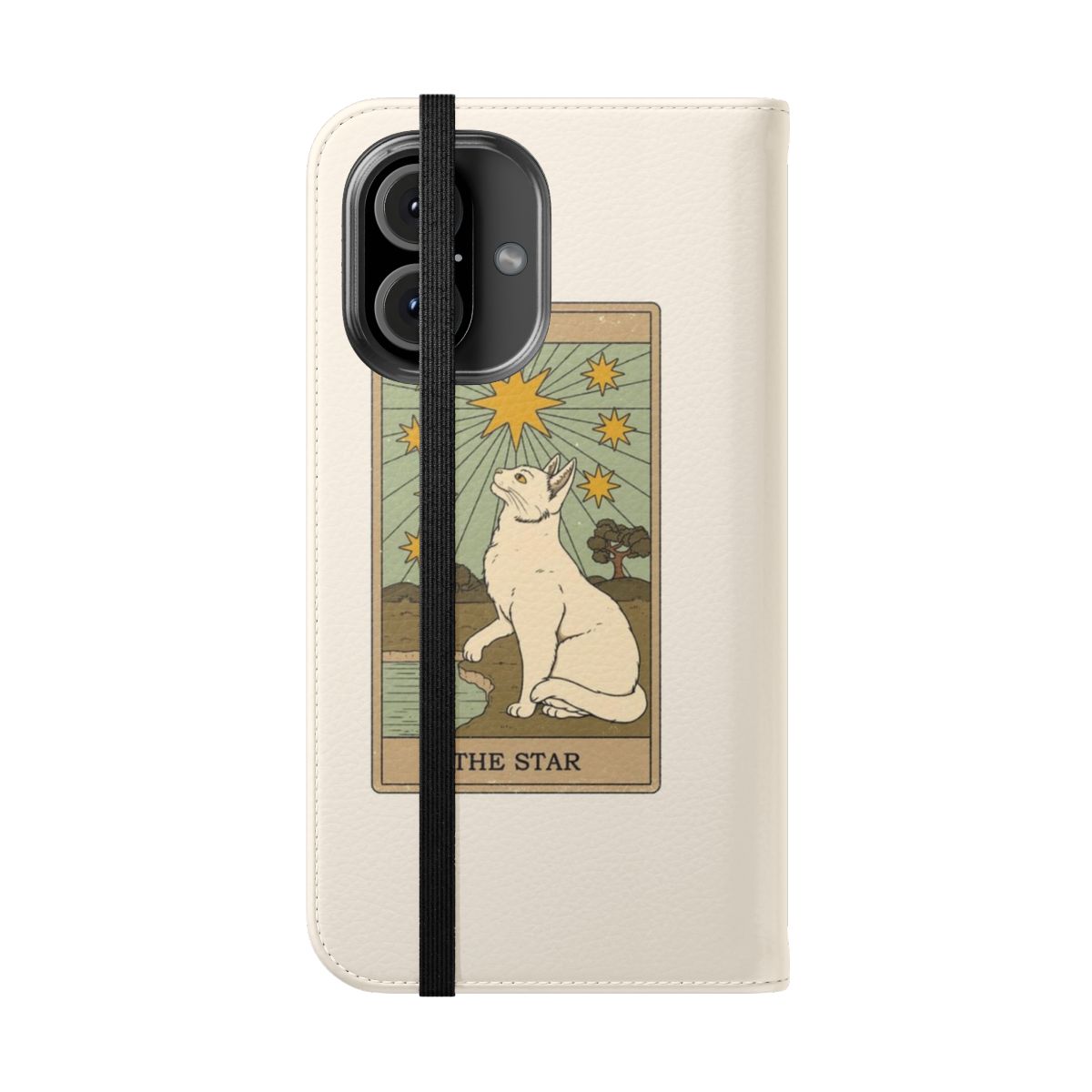 A flip cover phone case featuring a star design and cute cat imagery - Folded Front