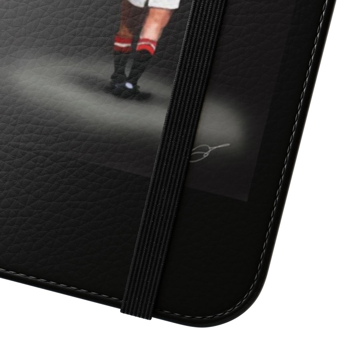 Flip cover phone case featuring a digital drawing of the legendary George Best, a former Manchester United football player. - Close Up