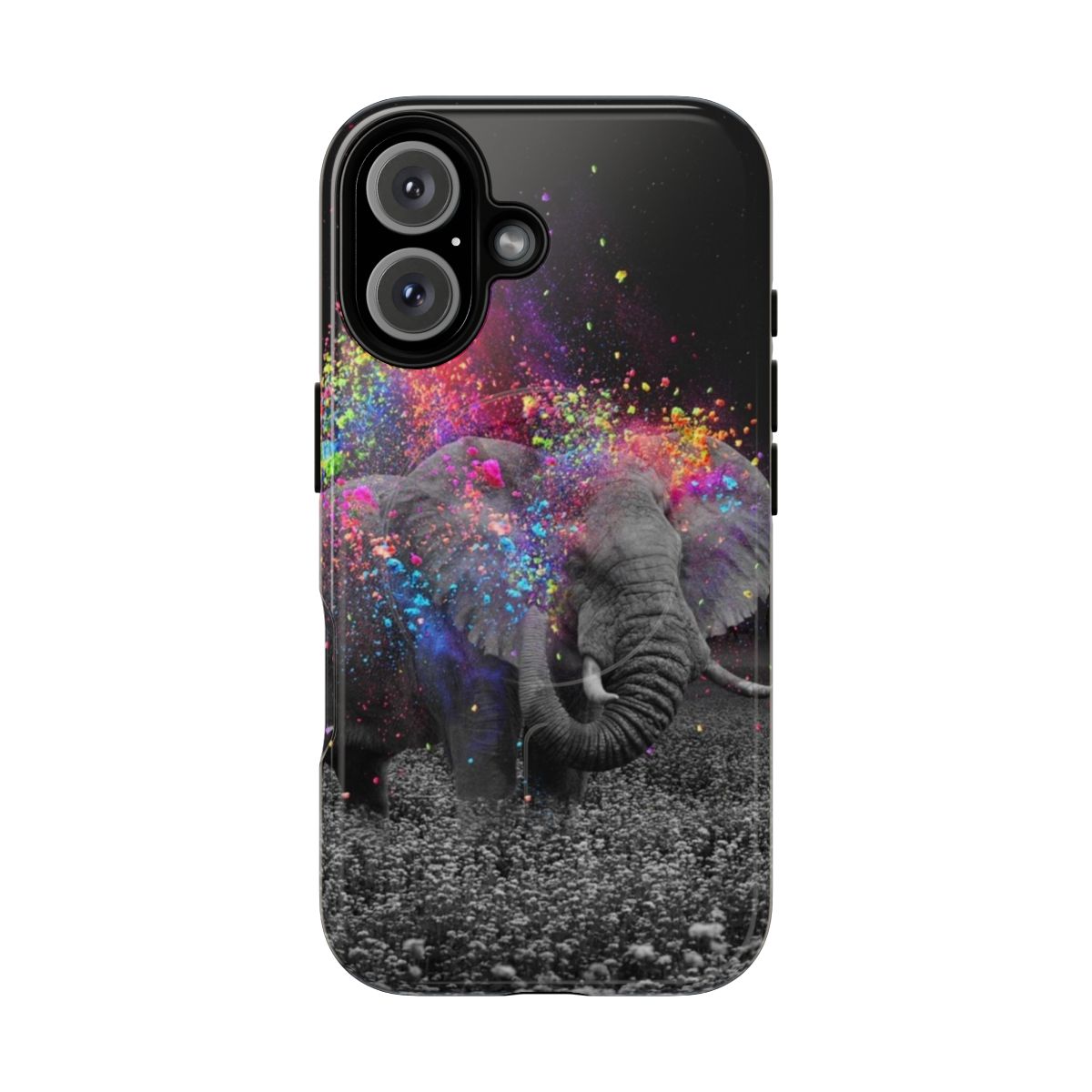 Colorful photo manipulation of an elephant with a rainbow background on a phone case