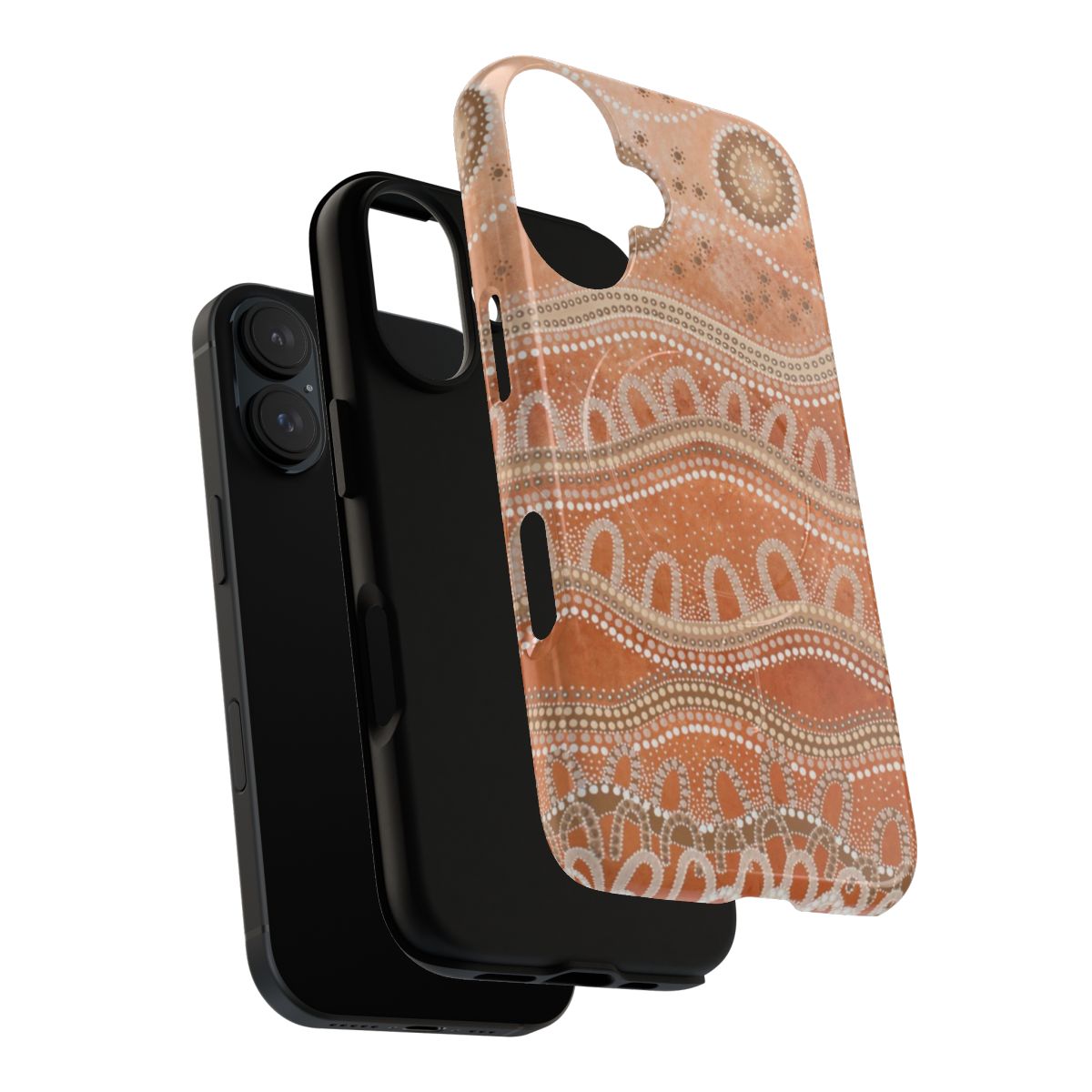 Magnetic phone case featuring vibrant aboriginal art design with dots, circles, and earthy tones. - Layers