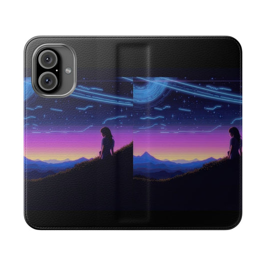 Cosmic night sky phone case with silhouetted mountains and vibrant neon glow