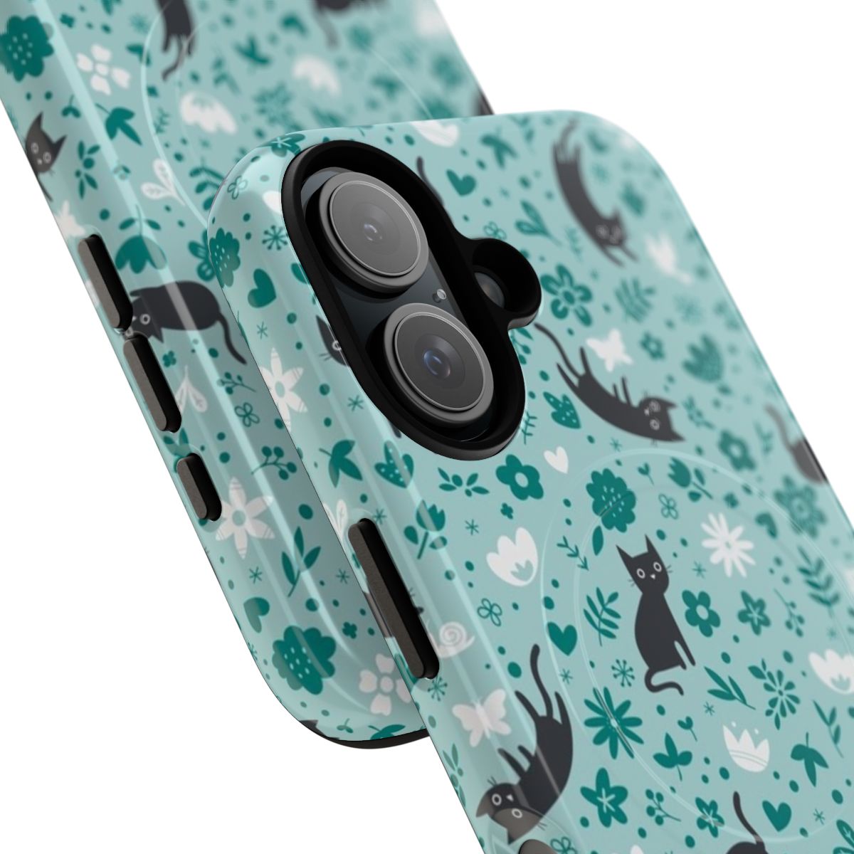 Colorful phone case featuring whimsical cats frolicking in a lush, floral garden against a turquoise and seafoam background. - Detail