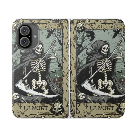 Flip cover phone case with a dark tarot card and skull design