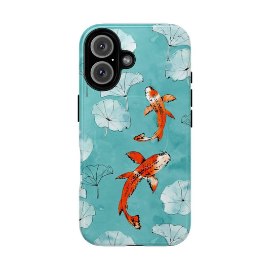 Turquoise and orange koi fish swimming among water lilies and leaves in a watercolor painting style phone case.