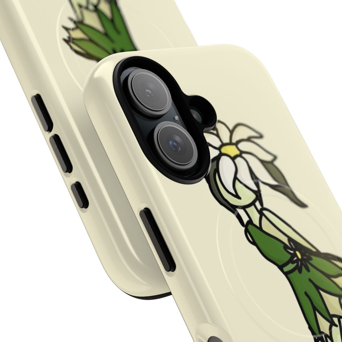 A tough, magnetic phone case featuring a colorful daisy flower design. - Detail