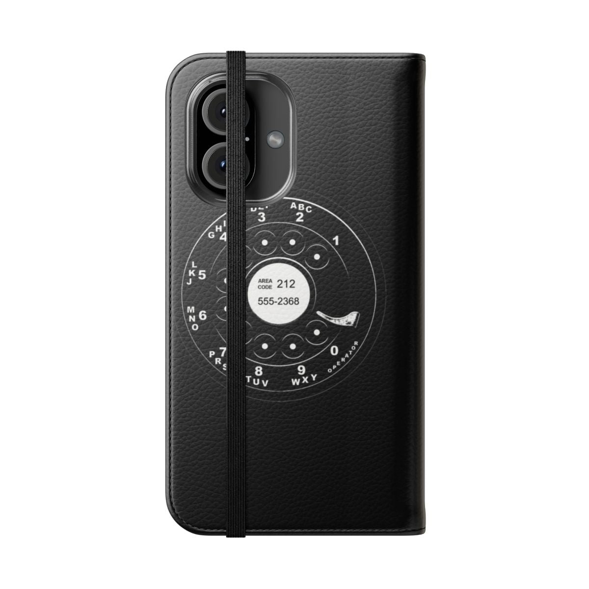 Vintage-style rotary dial phone case in black and white - Folded Front