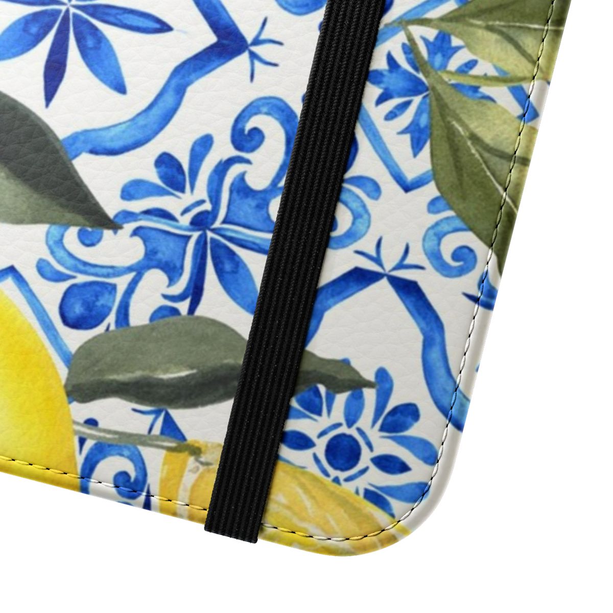 Blue and white tile pattern phone case with a lemon design - Close Up