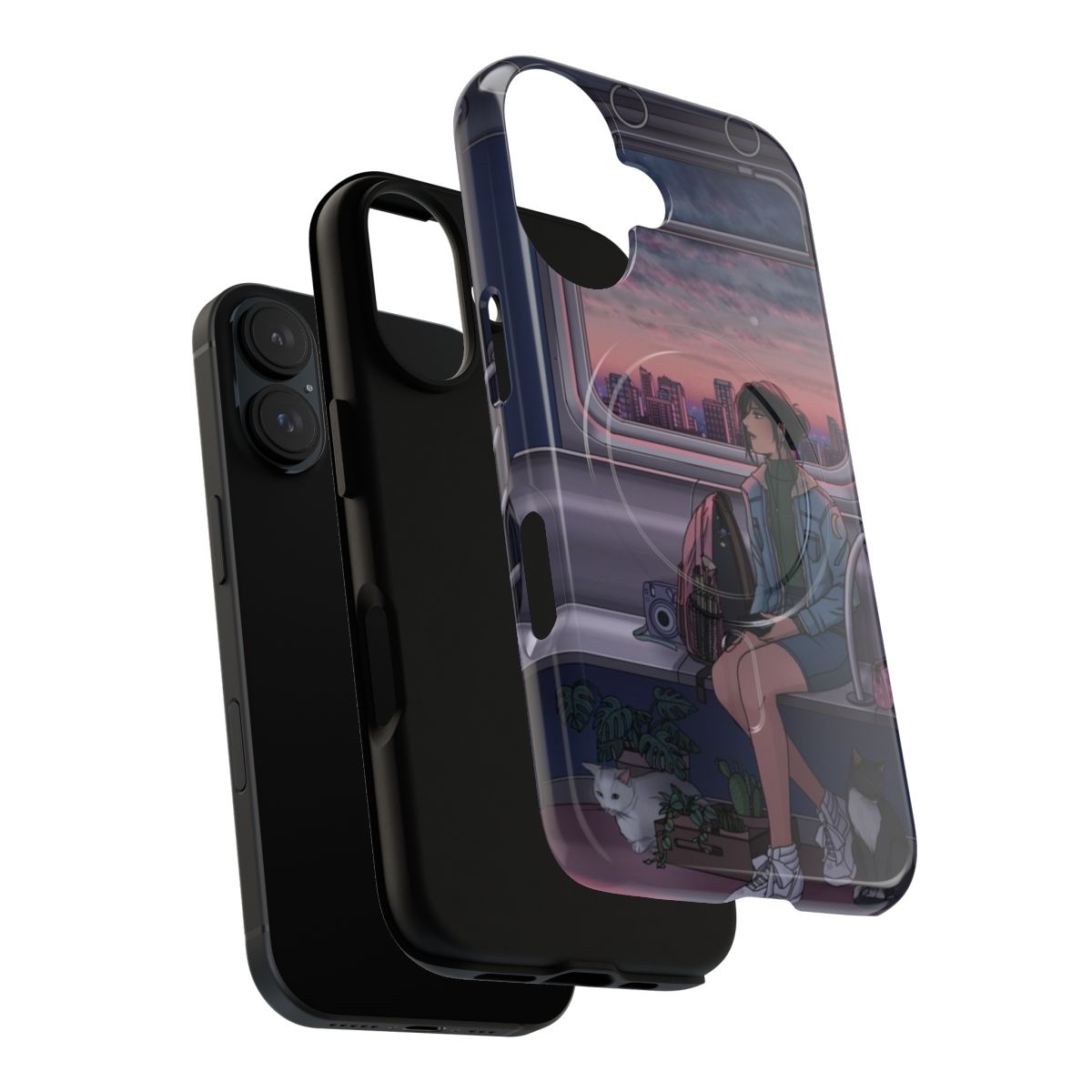 Artistic magnetic phone case with painted sky, city, and nature designs - Layers