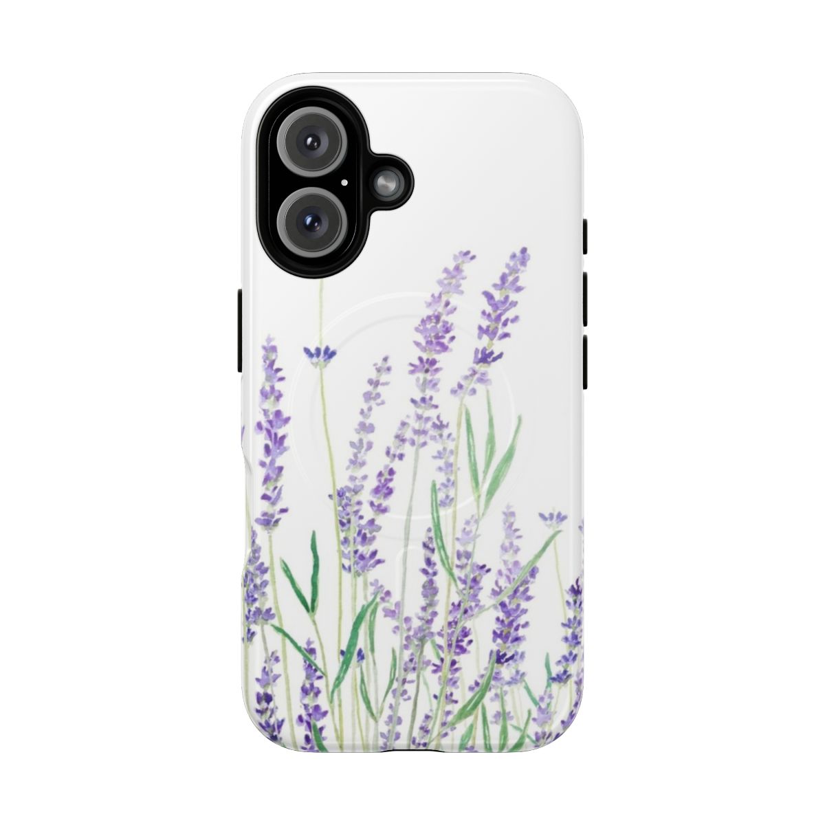 A hand-painted, watercolor-inspired lavender and purple phone case with a natural, floral design.