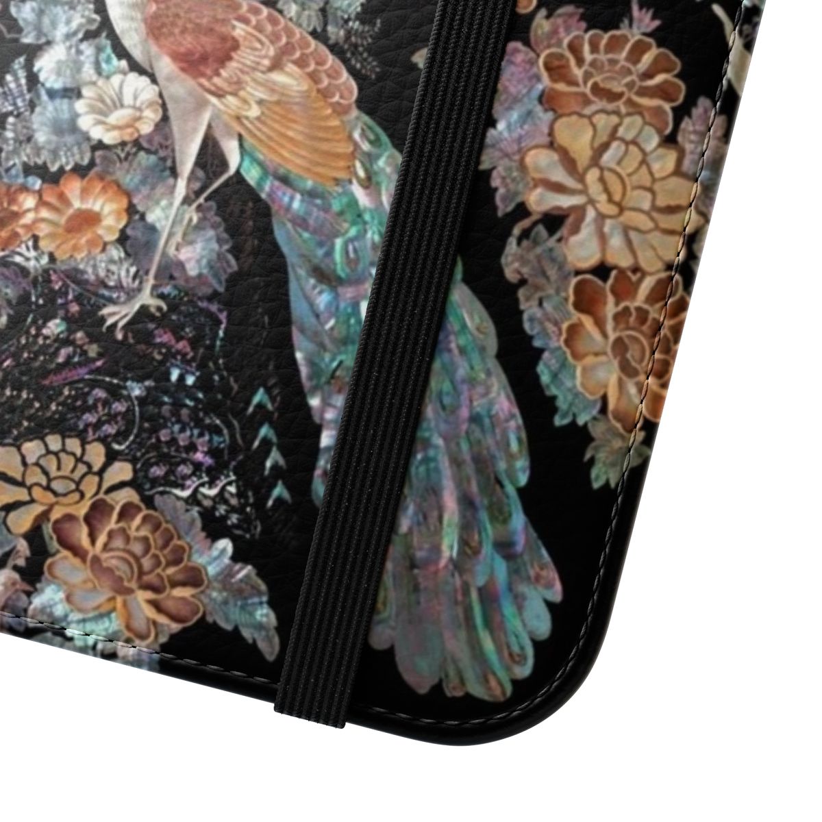 Flip phone case with intricate mother of pearl phoenix design, inspired by traditional Korean art - Close Up