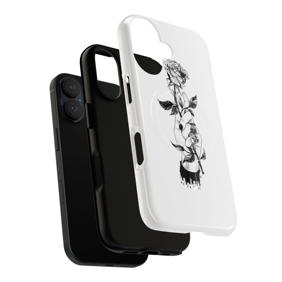 Edgy magnetic tough phone case with Corpse Husband-inspired black and white illustration featuring a rose, spider web, and skull elements. - Layers