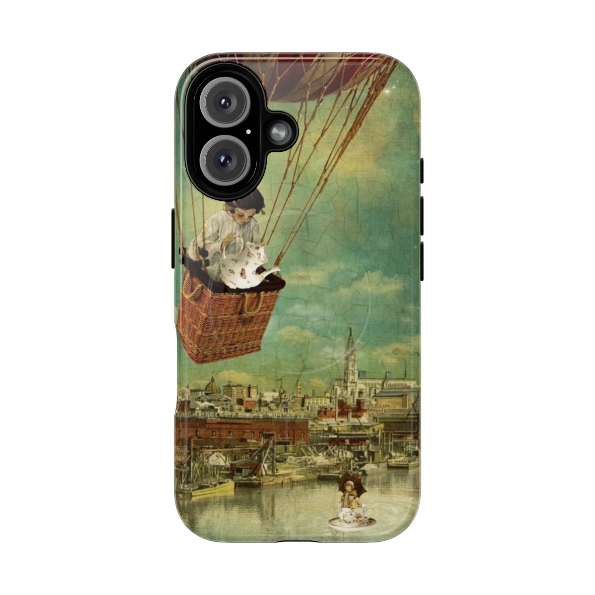 Magical fantasy phone case featuring a girl, teacup, and whimsical balloon