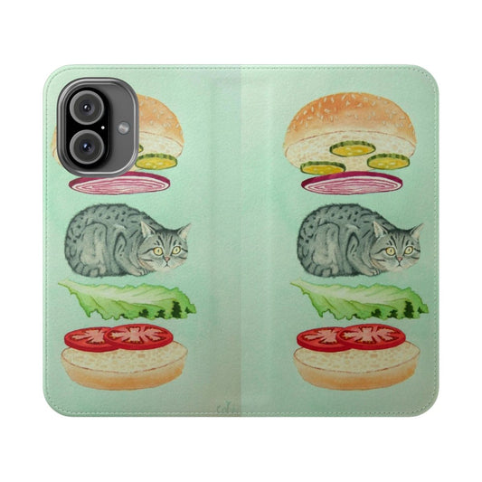 A colorful flip cover phone case featuring a whimsical cat burger design, perfect for cat lovers.